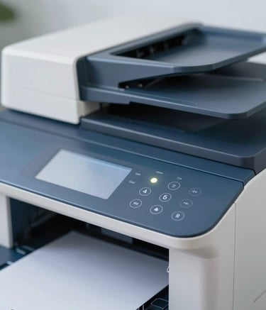 A close-up of a high-end office printer, focused on its sleek control panel with a glowing status light. The lighting is soft and professional, incorporating tones of #415A77 and #1B263B. The environment is a clean, modern workspace, projecting trustworthiness and efficiency.