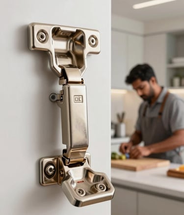 A close-up photograph of high-quality cabinet hinges and modular kitchen fittings from Hettich in a modern Bangalore home. A professional craftsman is visible in the background, South Asian / Indian context, clean and bright natural lighting, sophisticated interior atmosphere.