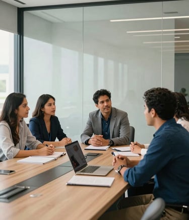 A team of South American / Brazilian professionals collaborating in a bright, modern glass-walled conference room. They are dressed in business casual attire, with the office decor featuring soft off-white walls and navy blue accents.