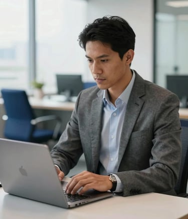 A focused professional in a modern South American / Brazilian corporate office environment, working on a laptop at a clean desk. The background is softly blurred with hints of slate grey and navy blue furniture and bright, natural morning light.