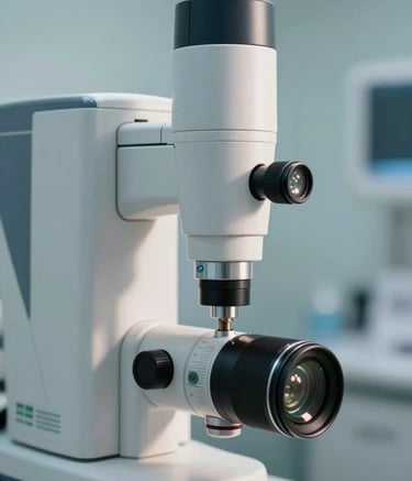 A close-up photograph of high-precision medical diagnostic equipment in a sterile clinical environment. The lighting is bright and clear, highlighting the sleek design of the device. The background features soft blue and pale mist tones, reflecting a professional medical atmosphere.