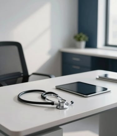 A clean, modern medical consultation office with minimalist furniture. A stethoscope sits on a pale mist desk next to a digital tablet. The room is bright with natural light, featuring subtle dark navy accents in the decor.