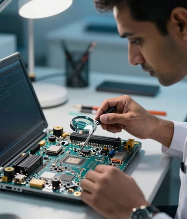 Close-up photography of a technical repair session where a South Asian expert uses a magnifying tool to inspect a complex laptop motherboard. The workshop is organized and modern, lit with professional cool white light, featuring dark blue and light blue tones.