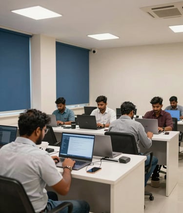 An wide-angle shot of a modern laptop service center in Thane, showing an efficient and clean workspace. South Asian staff are focused on their work at tidy benches under bright, professional lighting. The room is decorated in off-white and dark blue.