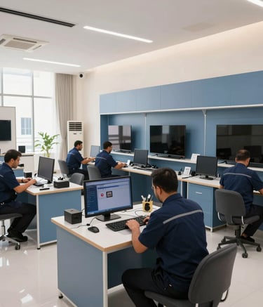A wide-angle professional photograph of a tidy, modern television repair facility in Al Nahda, Dubai. Several technicians in professional uniforms are working at separate stations under bright, natural light. Middle Eastern / Gulf architecture and interior design, featuring clean lines and a palette of slate blue and dark navy.