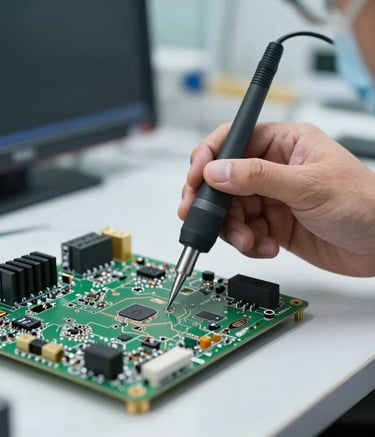 A close-up photograph of a technician's hand using a precision probe to test internal circuits on a high-definition television mainboard. The scene is bright and professional, set in a modern Middle Eastern / Gulf repair workshop. The lighting is clean and clinical, emphasizing reliability and expert craftsmanship.