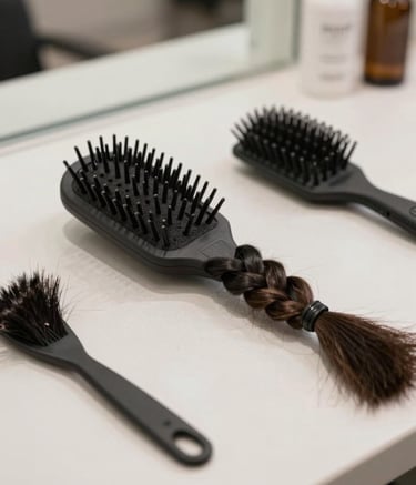 Close-up of professional braiding tools, high-quality hair fibers, and accessories neatly arranged on a minimalist table. The lighting is soft and professional, incorporating a sophisticated color palette of #4A6B6A and #F6F8F7 to reflect Suellen's modern salon aesthetic.