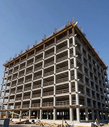Wide-angle architectural photography of a modern commercial development under construction in Guadalajara, Mexico. The image captures the impressive structural steel skeleton against a clear blue sky, emphasizing technical precision.
