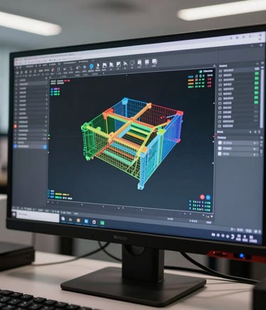 A close-up photograph of a high-resolution computer monitor displaying a sophisticated 3D structural finite element analysis model in a clean Mexican engineering office. The lighting is soft and professional, highlighting the precision of the CAD/CAE software.