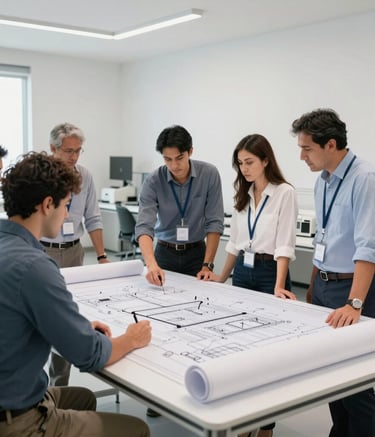 A professional group of engineers in a modern Mexican firm, focused on a large blueprint table. The scene is bright and minimalist with white walls and high-tech equipment, projecting technical authority.