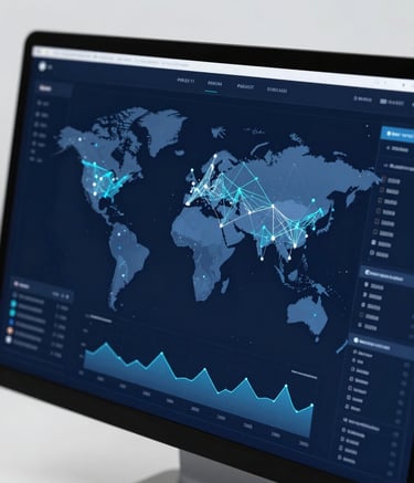 A sophisticated, high-tech dashboard display showing market penetration maps and neural network growth patterns. The aesthetic is clean and minimalist, using a palette of #0A1E37 and #5E80A0, with sharp white #F8FAFC data points and black #1A1A1A borders for UI elements.