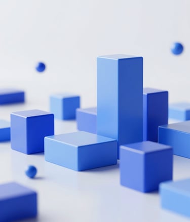 An elegant, minimalist 3D rendering of an abstract data landscape. Geometric shapes in #5E80A0 and #0A1E37 interact under soft, premium lighting, reflecting a professional and intelligent SaaS brand atmosphere against a light #F8FAFC background.