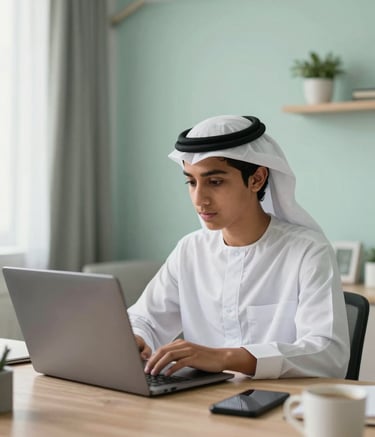 High-quality photography of a focused Middle Eastern teenager sitting in a modern, brightly lit home office in the Gulf, coding on a sleek laptop. The atmosphere is calm and professional with soft natural light and subtle seafoam green accents in the decor.