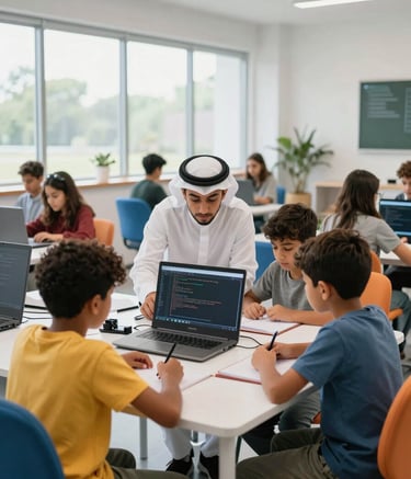 Photography of a group of vibrant Middle Eastern children working together on a coding project in a modern, tech-focused classroom. The setting is clean and inviting with large windows, bright lighting, and colorful ergonomic furniture.