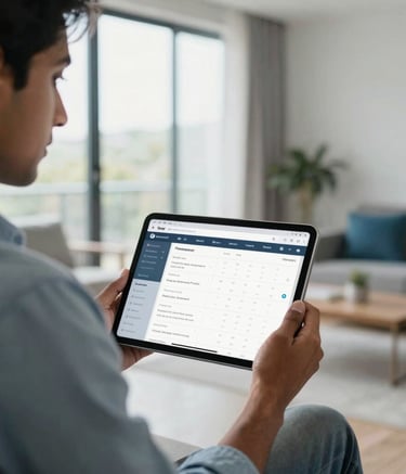 A professional South Asian person in a smart-casual outfit using a tablet in a bright, modern apartment. The screen shows a clean property listing dashboard. The lighting is soft and natural, coming from large windows. The interior is minimalist with light grey and blue accents.