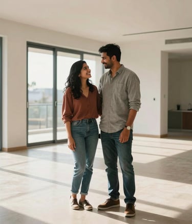A smiling South Asian couple standing in the middle of a spacious, empty modern apartment with sunlight streaming through large glass doors. They are looking at each other happily, representing a successful direct property transaction.