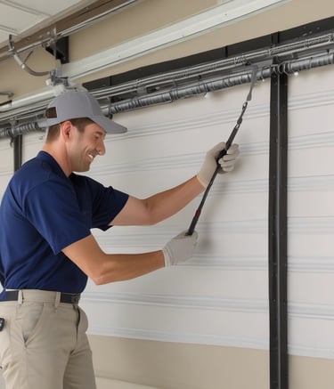 Technician replacing springs on a garage door with tools in hand.