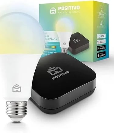 Positivo smart home kit with WiFi light bulb, hub controller, and product packaging.
