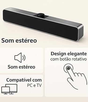 Sleek computer soundbar with volume knob featuring stereo sound for PC and TV.