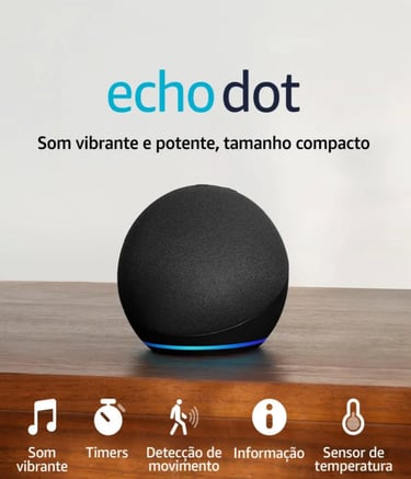Black Amazon Echo Dot smart speaker with motion detection and temperature sensor icons.