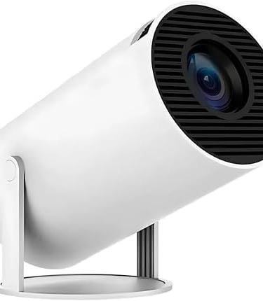 Portable mini smart projector in white with an adjustable swivel stand for home theater cinema.