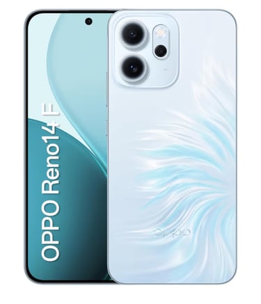 Front and back view of the OPPO Reno 14 F smartphone in a light blue floral textured finish.