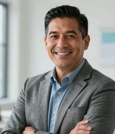 A portrait of a confident and approachable Hispanic mentor in their late 30s, dressed in modern business-casual attire, smiling in a brightly lit, professional creative studio. The background is soft-focused with hints of light blue and white. Clean, motivational, and high-quality photography.