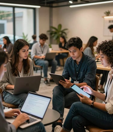 A dynamic photography of a modern co-working space in a South American metropolitan area. Young professionals are engaged in discussion, some using tablets and others laptops. The lighting is warm and natural, conveying a sense of empowerment, community, and professionalism.
