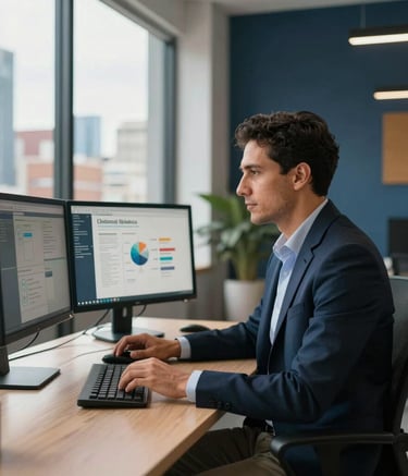 A focused South American professional sitting in a modern, sun-drenched office in a vibrant Hispanic city, working on a digital marketing strategy on a dual-monitor setup. High-quality photography, professional lighting, clean and professional atmosphere with a subtle dark blue and amber color palette in the decor.