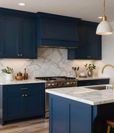 Detailed photography of a luxury kitchen renovation in a North American home, showcasing custom navy blue cabinets, white marble countertops, gold hardware, and high-end lighting fixtures.