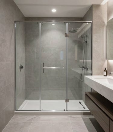 Wide shot of a completed minimalist master bathroom renovation with a glass-enclosed walk-in shower, sleek gray tiles, and a floating vanity in a modern North American residence.