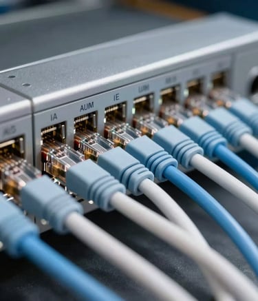 Photography of a close-up networking patch panel with light blue-white ethernet cables neatly organized, high-tech North American infrastructure, shallow depth of field, professional lighting.