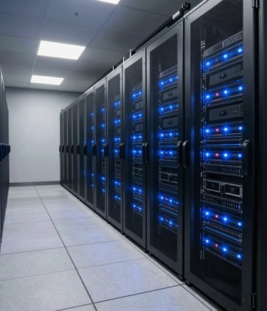 Photography of a modern North American data center, rows of server racks with soft deep sapphire blue LED lights, clean floor, wide angle view.