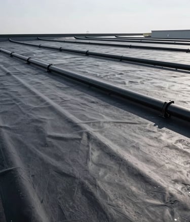 A wide-angle photography shot of a perfectly finished commercial rubber roof with modern drainage systems. The lighting is bright and clear, emphasizing the durable and technical waterproof texture of the EPDM membrane in a North American / US industrial setting.
