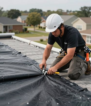 Detailed photography of a professional roofer installing a heavy-duty rubber membrane on a flat roof. Focus on the technical sealing of a seam, using industrial tools, set against a North American / US suburban backdrop.