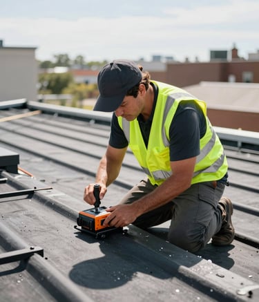 A professional roofing contractor in a safety vest using a digital tool to inspect the integrity of a black flat roof. Sharp focus, technical feel, bright daylight in a North American / US urban environment.