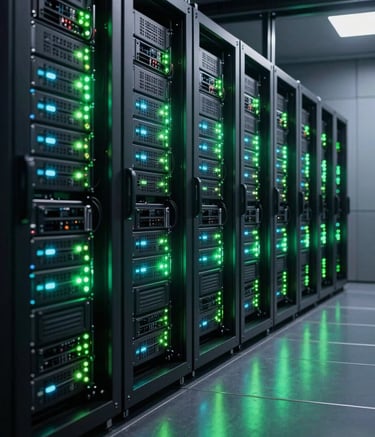 A wide photography shot of a futuristic server room with sleek black hardware and long rows of blinking neon green and cyan status lights, reflecting on a polished black floor, Global / International.