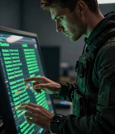 A close-up, dramatic side profile of a tech expert in a dark tactical hoodie, face partially obscured by shadow, working on a transparent digital display with glowing neon green text, Global / International setting, cinematic lighting.