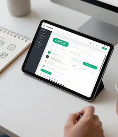 A top-down view of a professional developer workspace. A sleek tablet displays a user interface wireframe with #3D6B58 accents. Beside it, a notepad contains sketches of app icons. The lighting is bright and clean, reflecting an innovative and organized atmosphere.
