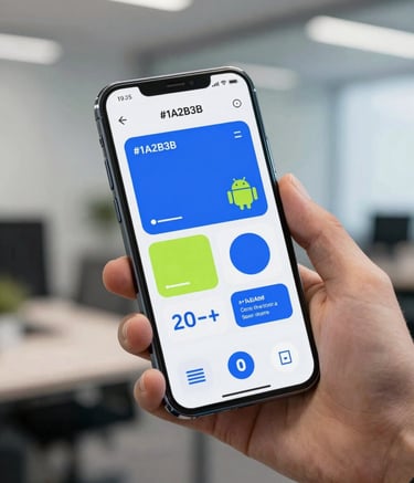 A high-resolution photograph of a modern smartphone held in a hand, showing a vibrant, user-friendly Android app interface with creative geometric shapes and #1A2B3B branding. The background is a blurred, professional office setting.