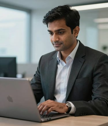 A professional in a modern South Asian / Indian office environment looking at a laptop with a focused and confident expression, clean corporate lighting with soft sky blue accents in the background, high-quality professional photography.