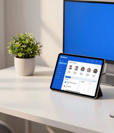 A modern South Asian / Indian workspace with a clean desk, a small plant, and a tablet showing a professional dashboard, soft morning light illuminating the scene, vibrant royal blue and off-white color palette.
