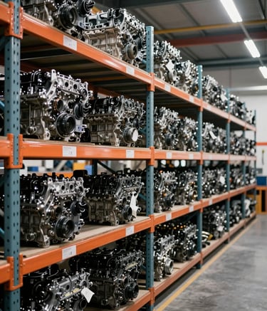 An organized and clean warehouse of a European car parts business. Rows of engines and mechanical components on high-quality shelving systems, illuminated with bright, professional lighting.