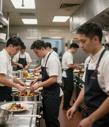 A dynamic photography shot of a busy, high-end North American restaurant kitchen during peak evening hours. Professional staff in clean uniforms move with purpose, modern industrial lighting, clean stainless steel surfaces.