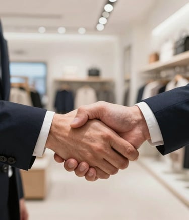 A close-up photograph of a professional handshake between two business owners in a bright, modern European retail store. Sharp focus on the hands, soft lighting, depth of field showing a clean shop interior in the background.