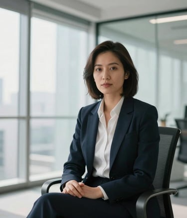 Portrait of a confident, sharp solo recruiter sitting in a bright, modern glass-walled office in North America. Wearing professional business-casual attire, direct gaze, natural lighting, minimalist setting.