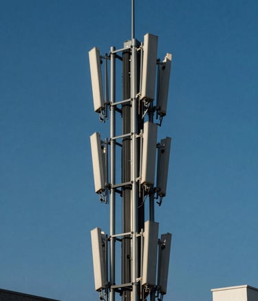 A high-angle architectural photograph of a sleek telecommunications tower against a clear deep blue sky in a modern Mexican metropolitan district, sunlight reflecting on metallic surfaces, sharp focus, carrier-grade infrastructure style.