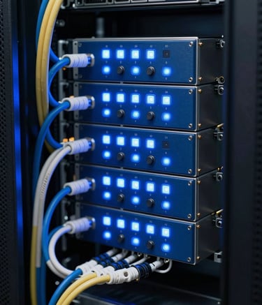 Close-up photography of professional IoT hardware in a server room, glowing light blue indicators against deep blue hardware, organized cables, industrial technology aesthetics, high-tech operation center in Mexico.