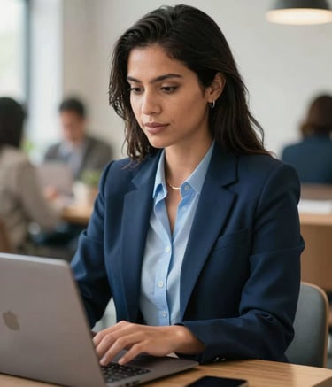 A professional Latin American woman working on a laptop in a bright, modern co-working space, looking confident and calm. High-end photography style with shallow depth of field, featuring a color palette of navy blue and light blue.