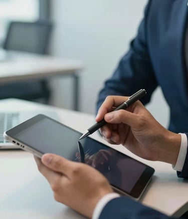 Close-up photography of a professional person's hands using a sleek tablet to complete digital registrations, setting in a modern Latin American office with soft daylight. The atmosphere is efficient and secure, incorporating navy blue and pale blue accents in the background.